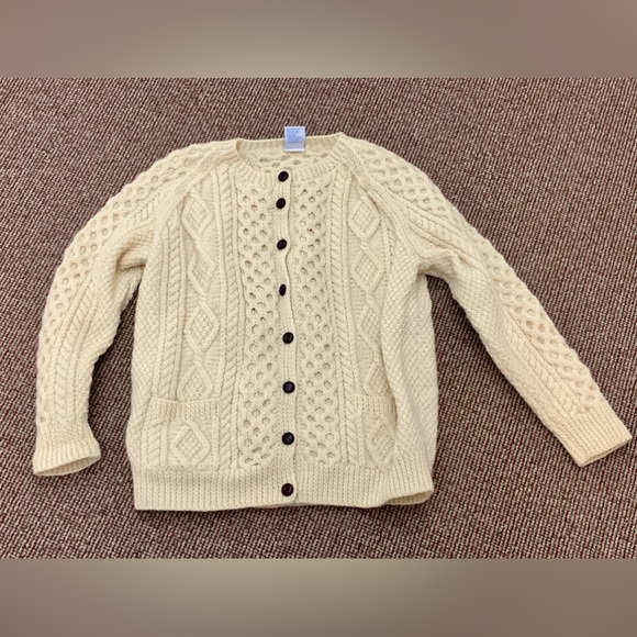 Vtg Men's Unisex L/XL Hand Knit 100% Wool Irish Fisherman's Cardigan Sweater - Picture 2 of 16